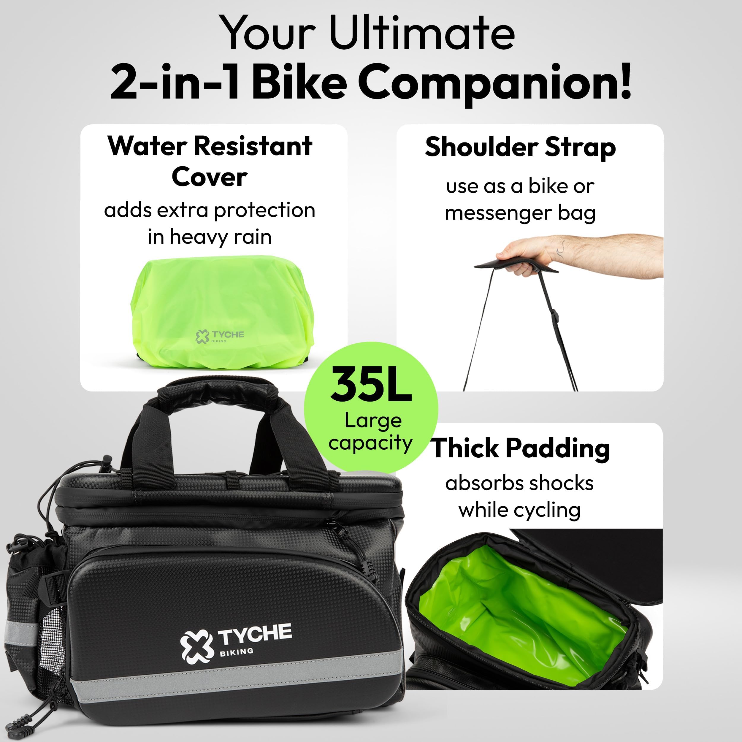 TYCHE Bike Trunk Bag 35L with Panniers and Phone Holder | Hard Shell Waterproof Carbon Leather 3-in-1 Bag | Expandable Cargo Storage & Cooler Interior | Fits Rear Rack for Ebike, Adult Bicycle