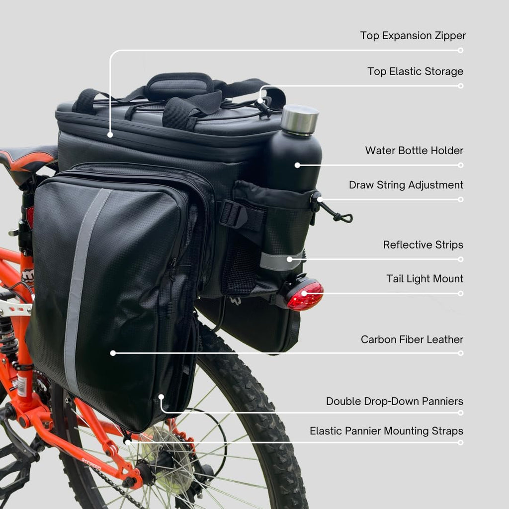 TYCHE Bike Trunk Bag 35L with Panniers and Phone Holder | Hard Shell Waterproof Carbon Leather 3-in-1 Bag | Expandable Cargo Storage & Cooler Interior | Fits Rear Rack for Ebike, Adult Bicycle