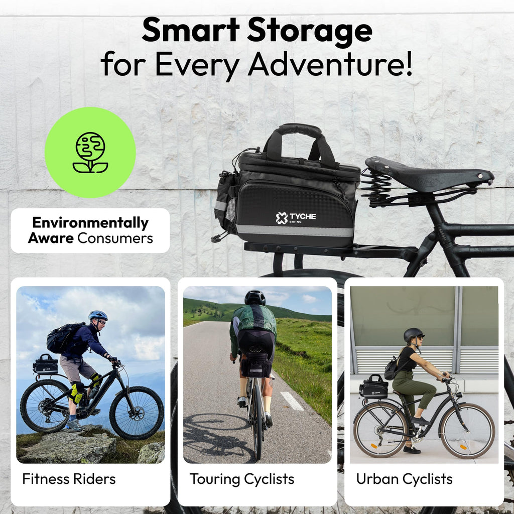 TYCHE Bike Trunk Bag 35L with Panniers and Phone Holder | Hard Shell Waterproof Carbon Leather 3-in-1 Bag | Expandable Cargo Storage & Cooler Interior | Fits Rear Rack for Ebike, Adult Bicycle