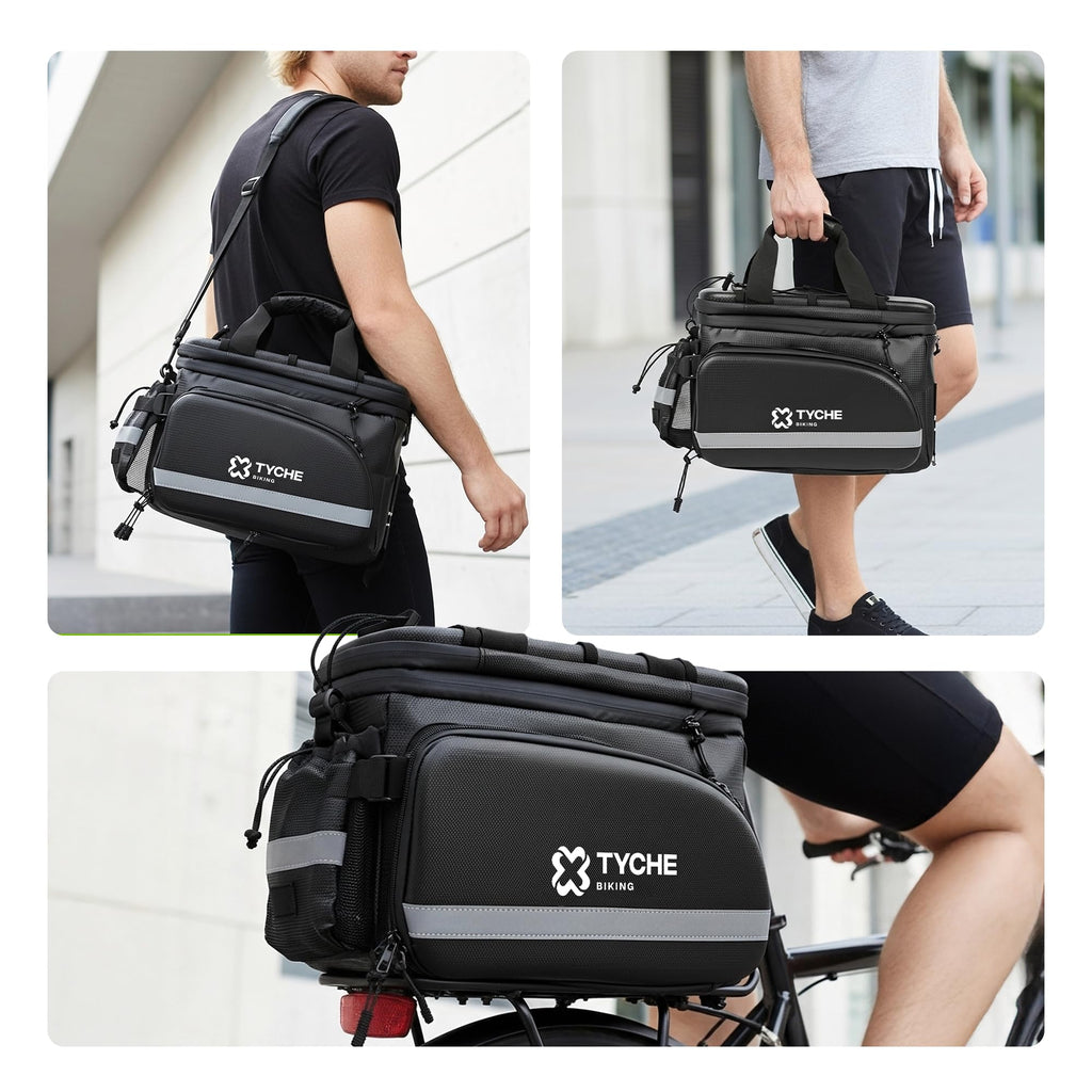 TYCHE Bike Trunk Bag 35L with Panniers and Phone Holder | Hard Shell Waterproof Carbon Leather 3-in-1 Bag | Expandable Cargo Storage & Cooler Interior | Fits Rear Rack for Ebike, Adult Bicycle