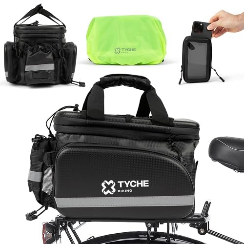 TYCHE Bike Trunk Bag 35L with Panniers and Phone Holder | Hard Shell Waterproof Carbon Leather 3-in-1 Bag | Expandable Cargo Storage & Cooler Interior | Fits Rear Rack for Ebike, Adult Bicycle