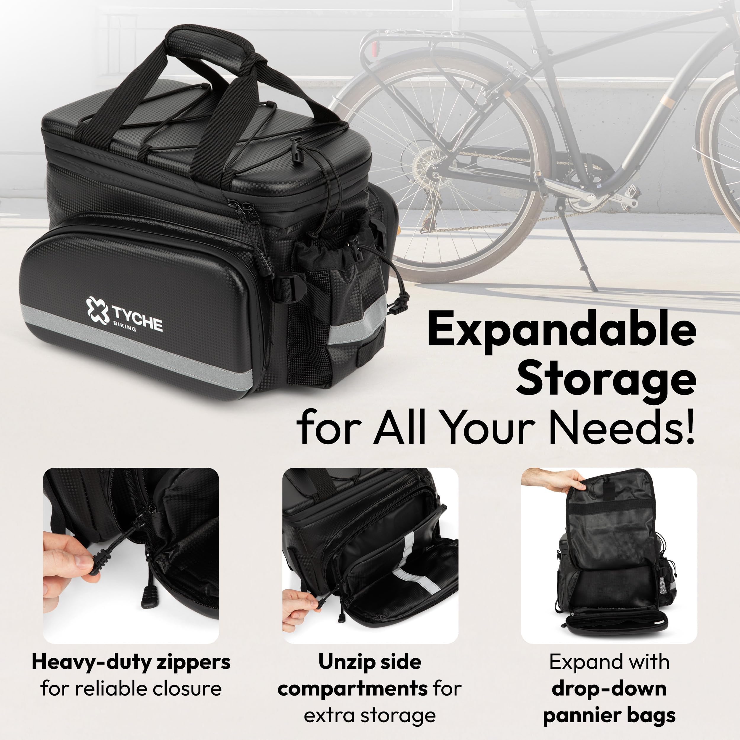 TYCHE Bike Trunk Bag 35L with Panniers and Phone Holder | Hard Shell Waterproof Carbon Leather 3-in-1 Bag | Expandable Cargo Storage & Cooler Interior | Fits Rear Rack for Ebike, Adult Bicycle