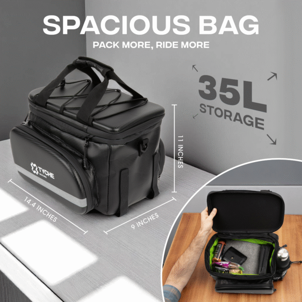 TYCHE Bike Trunk Bag 35L with Panniers and Phone Holder | Hard Shell Waterproof Carbon Leather 3-in-1 Bag | Expandable Cargo Storage & Cooler Interior | Fits Rear Rack for Ebike, Adult Bicycle - Image 3