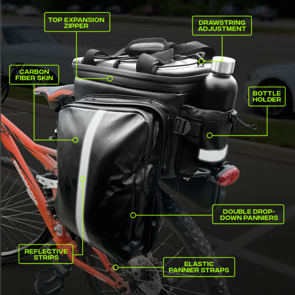 TYCHE Bike Trunk Bag 35L with Panniers and Phone Holder | Hard Shell Waterproof Carbon Leather 3-in-1 Bag | Expandable Cargo Storage & Cooler Interior | Fits Rear Rack for Ebike, Adult Bicycle - Image 8